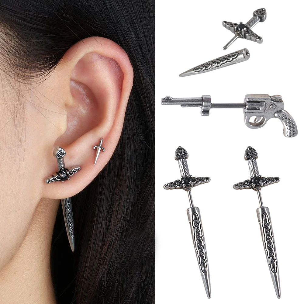 1/2PCS Hip Hop Cross Sword Stud Earrings Labret For Women Classic Crystal Stone Pistol Straight Stud Gun Stud Cartilage Jewelery