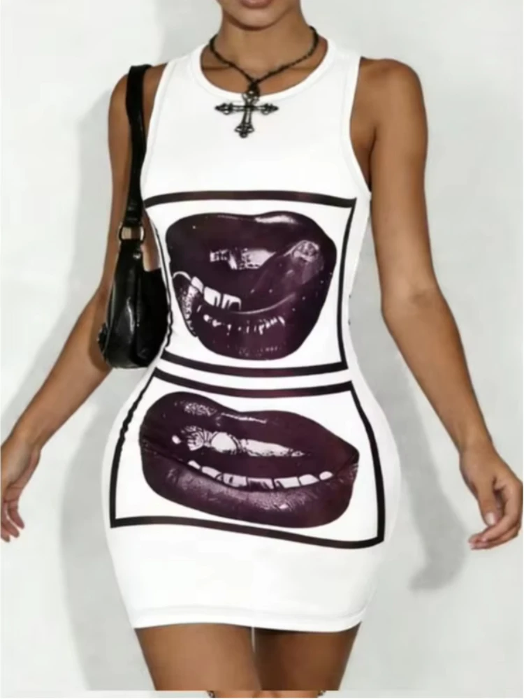 American Sexy Lips Cartoon Pattern Personalized Print Sleeveless Dress Sheer Slimming Short Skirt Summer Fashion Women's Clothes