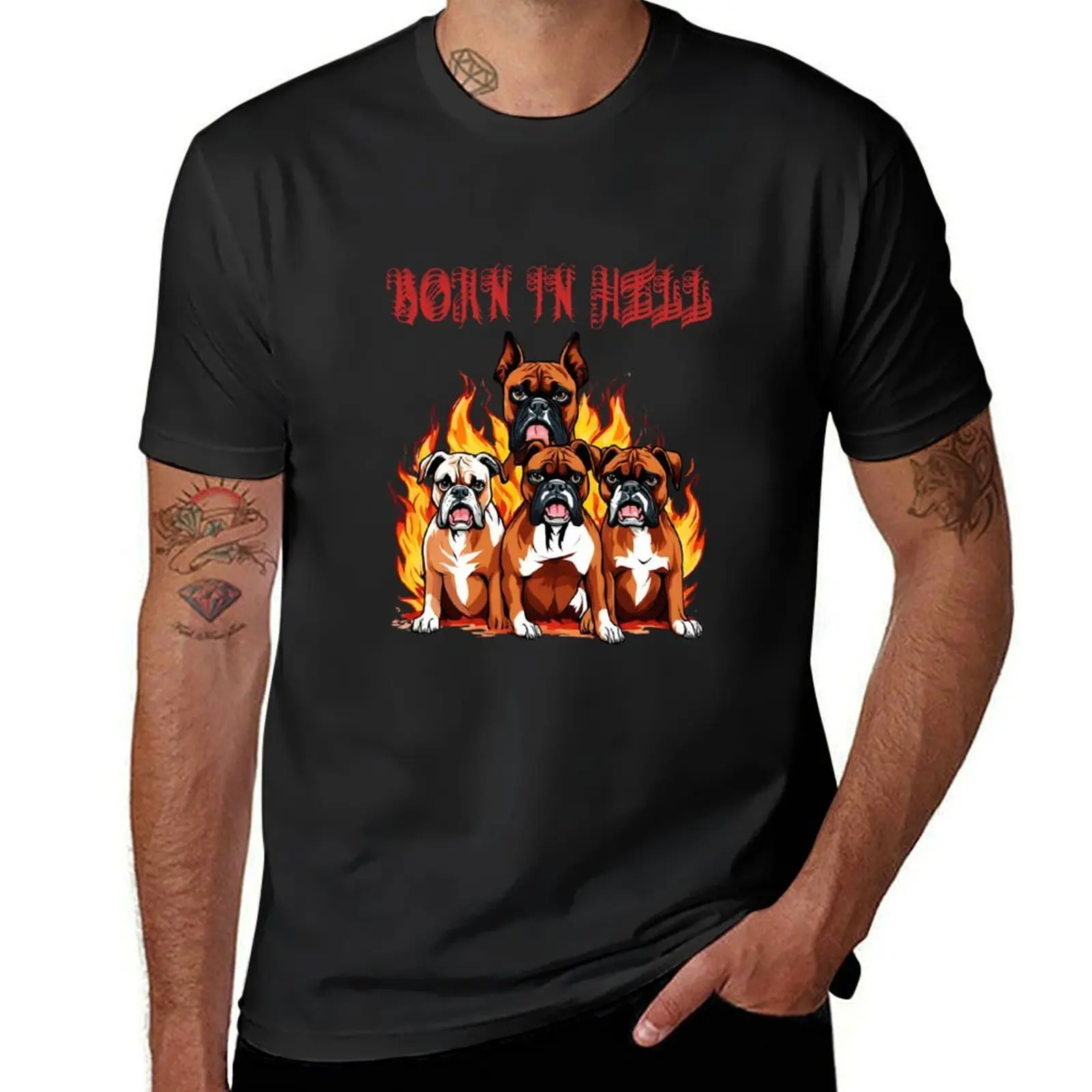 Agresive Boxers in fire Born in Hell dog in fire T-Shirt cute clothes tees mens vintage t shirts