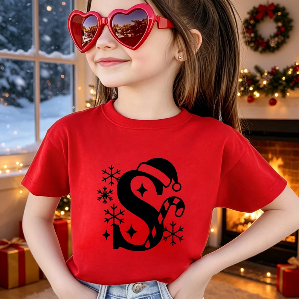 Christmas Santa Hat A‑Z Alphabet Print Kids T‑Shirt Children's Cotton Boys Girls Short Sleeve O‑Neck Xmas Holiday Party Tee Top