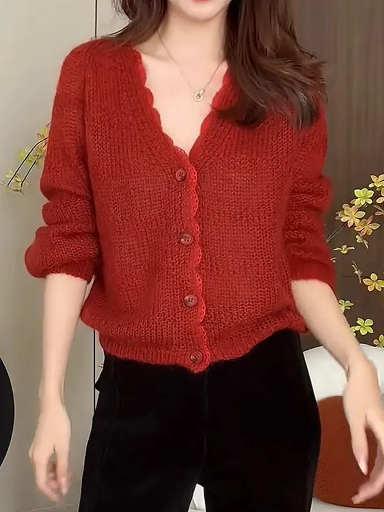 

Faionable Pure Color Winter Knitted Camere Cardigan Long Sve Casual Ele Women's Lazy Sle New Model Knitwear Top