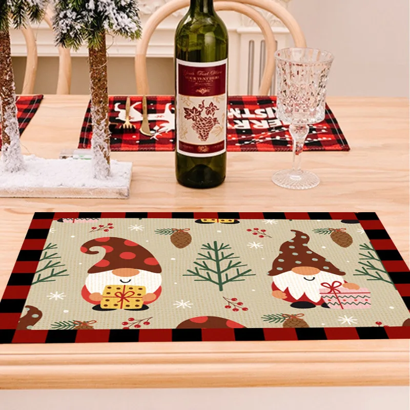 Cartoon Reindeer Print Linen Placemat Christmas Theme Kitchen Countertop Mat Bowls Plates Anti-slip and Heat-insulating Mats