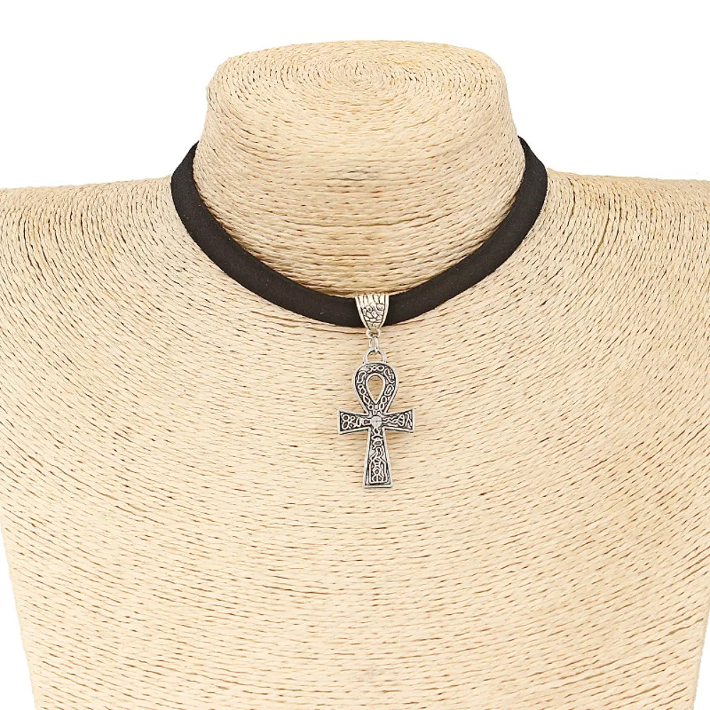Punk Trendy Ancient Egypt Anka's Symbol of Life Cross Pendant Black Suede Collar Necklace for Women Men Halloween Amulet Jewelry