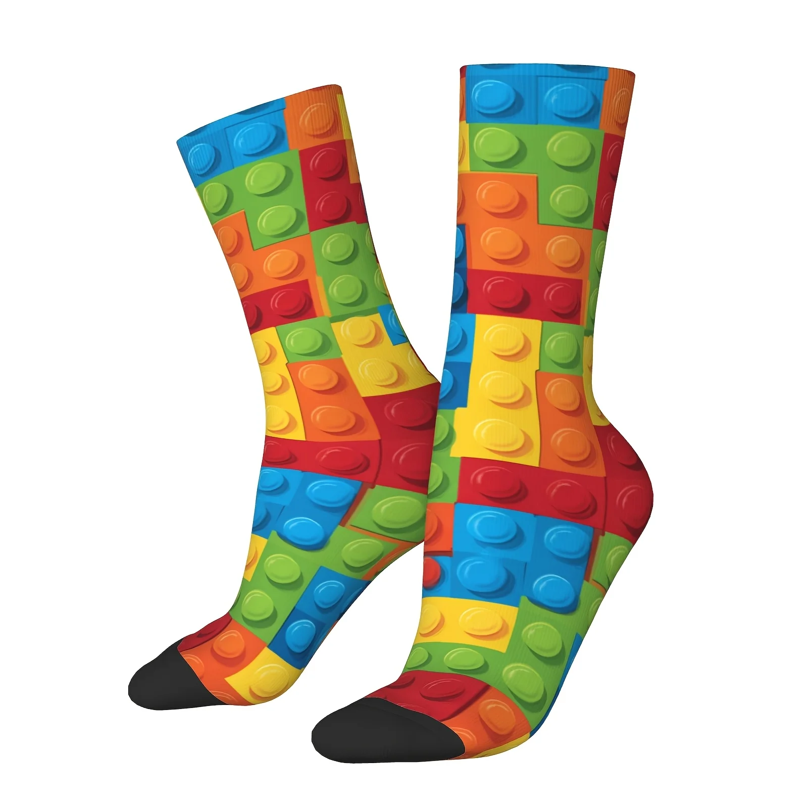 A Pair of Unisex Outdoor Sports Socks Mid-calf Length with Colorful Building Block Print Machine Washable Suitable for Outdoor