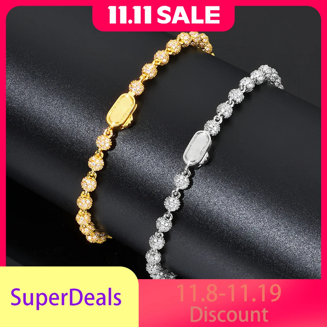 

ESKEEM Luxury 18K Gold 4MM Bead Chain Bracelet with Full Diamond Round Bead Iced Out Bangles for Men Women Fine Jewelry