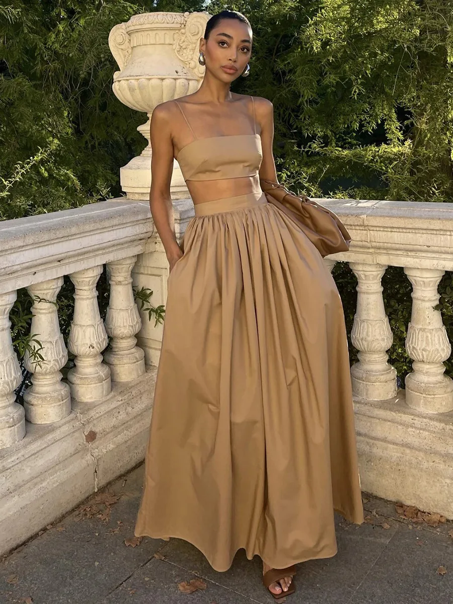 

2025 Summer Women Tube Top Skirt Set Sexy Off Shoulder Suspenders Blouse Loose Elastic Waist Skirts Female Suits Lady Outwear