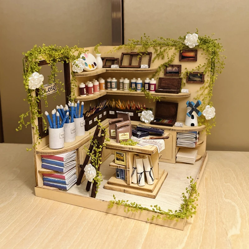 DIY Wooden Miniature Model Kit Paint Shop Casa 3D Puzzle Dollhouse With Furniture Lights Roombox Home Decor for Friends Gifts