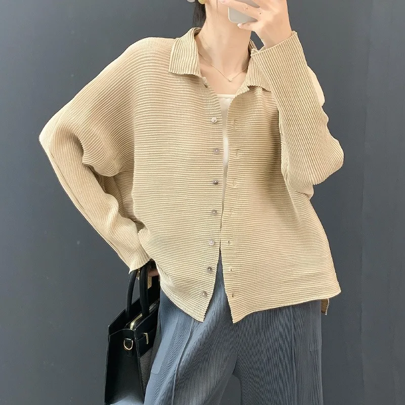 

Pleated Collar Long-Sleeve Jacket 2026 Miyake New Loose Fashion Lightweight Solid-Color Cardigan Top Women's Commuter Fold Shirt