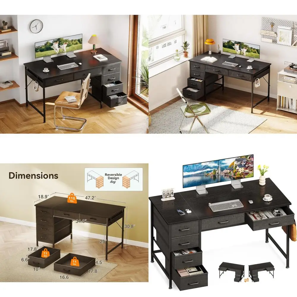 

6 Drawers 48 Office Desk with Storage, Reversible for Home or Office, Black