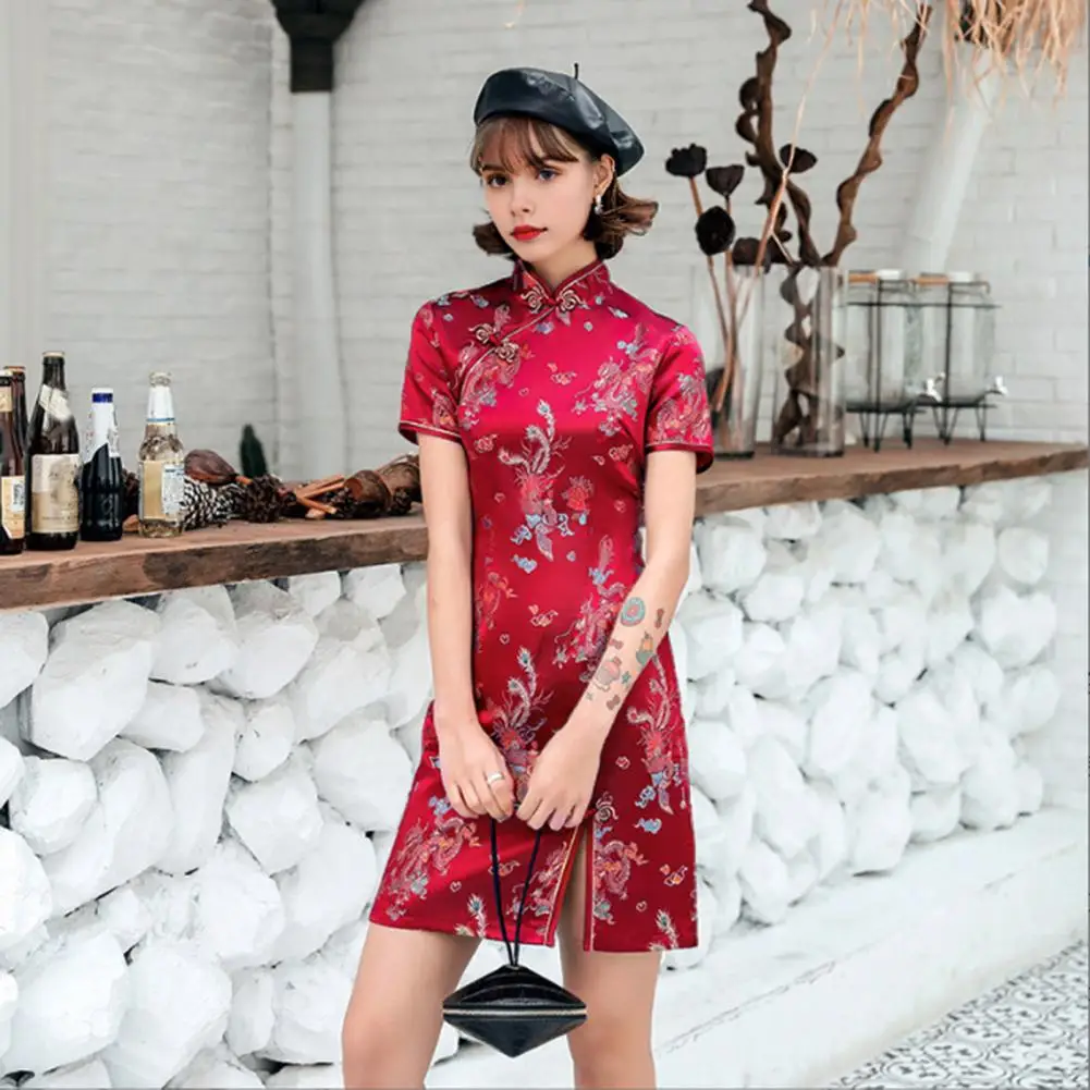 Chinese Cheongsam Dress Chinese Qipao Elegant Dragon Phoenix Print Cheongsam Dress for Women Slim Fit Retro Chinese for Wedding