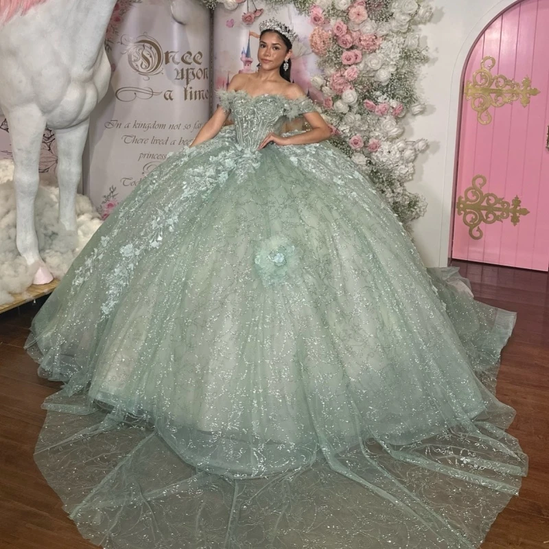 

Mint Green Quinceanera Dresses Ball Gown Off The Shoulder Sequin Applique Flower Beading Crystal Tull Corset Sweet 16 Dress Vest
