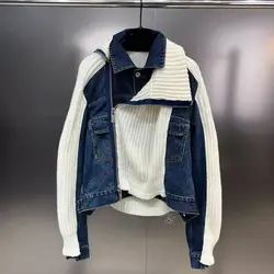 2023 autunno nuovo colletto rovesciato manica lunga Patchwork lavorato a maglia cerniera in Denim falso due pezzi giacche eleganti per le donne Y4400