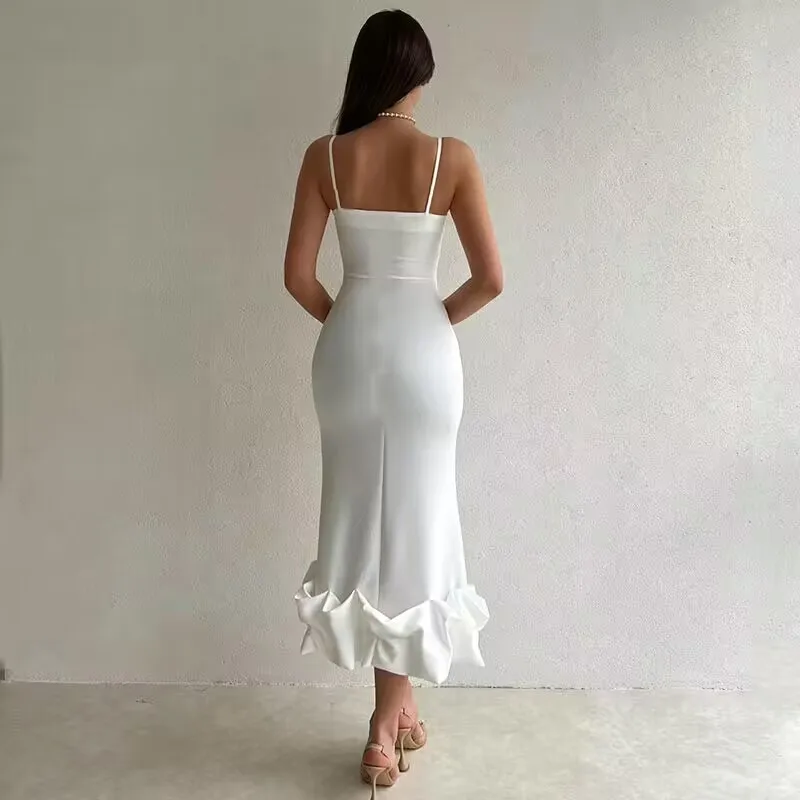 Sexy Sleeveless Backless Midi Dress Women 2023 Summer Fashion Bodycon Elegant Ruffles Eged Birthday Party Club Pencil Dess