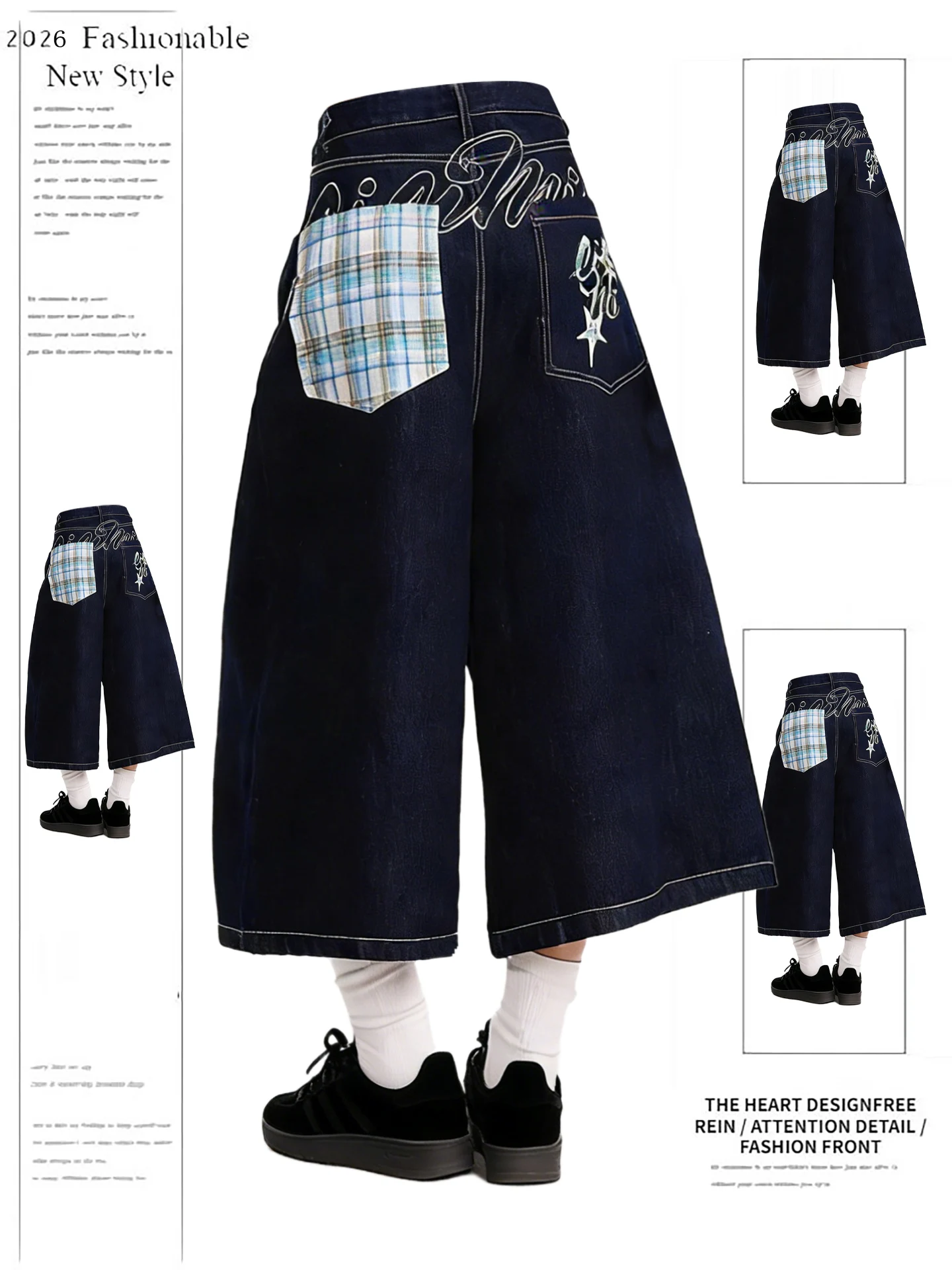 

Retro American Plaid ket Denim orts Women Summer New Heavy Embroidery Wide Leg Slimming Seven-Foot Jeans Casual High Waist