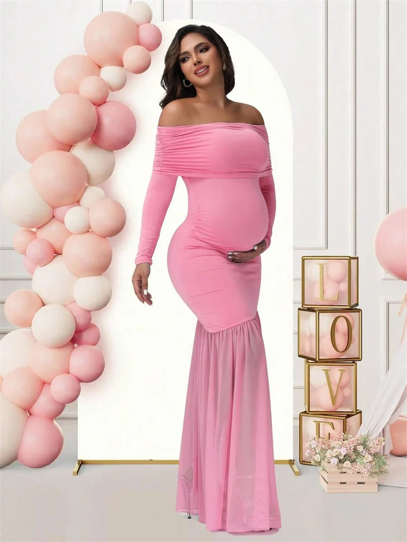 Pregnant Ladies Off‑Shoulder Dress Maternity Photoshoot Gown Women Fashion Long Sleeve Slim-Fit Skirt Party Pregnancy Clothes