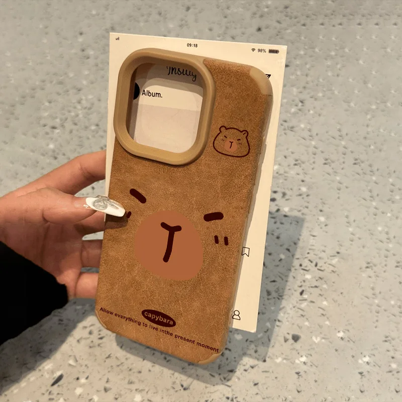 Kawaii simple style Capybara suede Case for Iphone 16 15 14 13 12 11 Pro Max Cartoon Anime Cute Shockproof Protective Cover