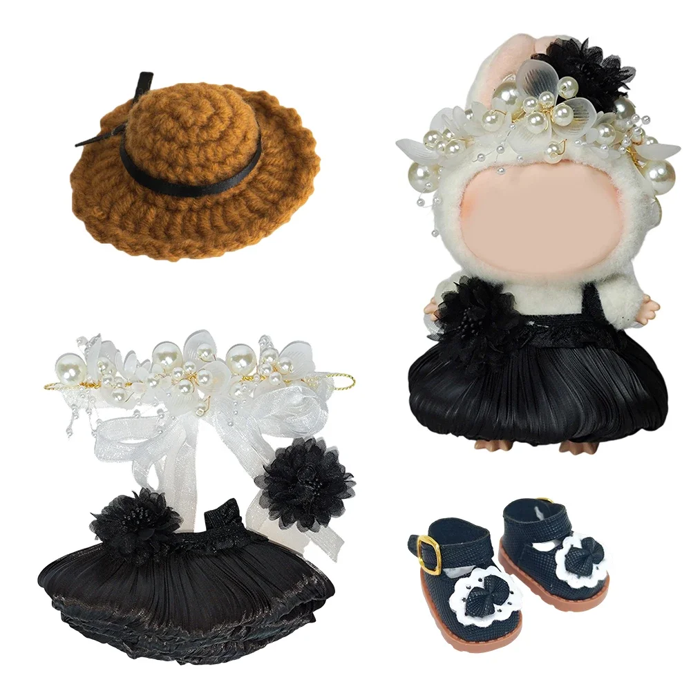 

Кукла Лабу, черно-белый комплект одежды, головной убор с жемчужным цветком, элегантное платье, плюшевая игрушка, аксессуары для косплея