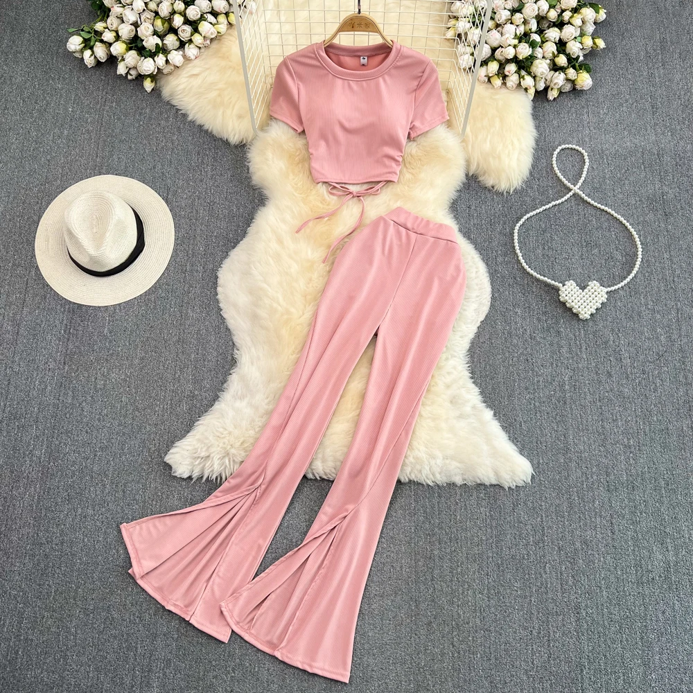 

Fashion Set Female Spicy Girl Short Sleeve Round Neck Slim Fit Short Top Two Piece Set High Waist Drop Micro Flare Long Pants