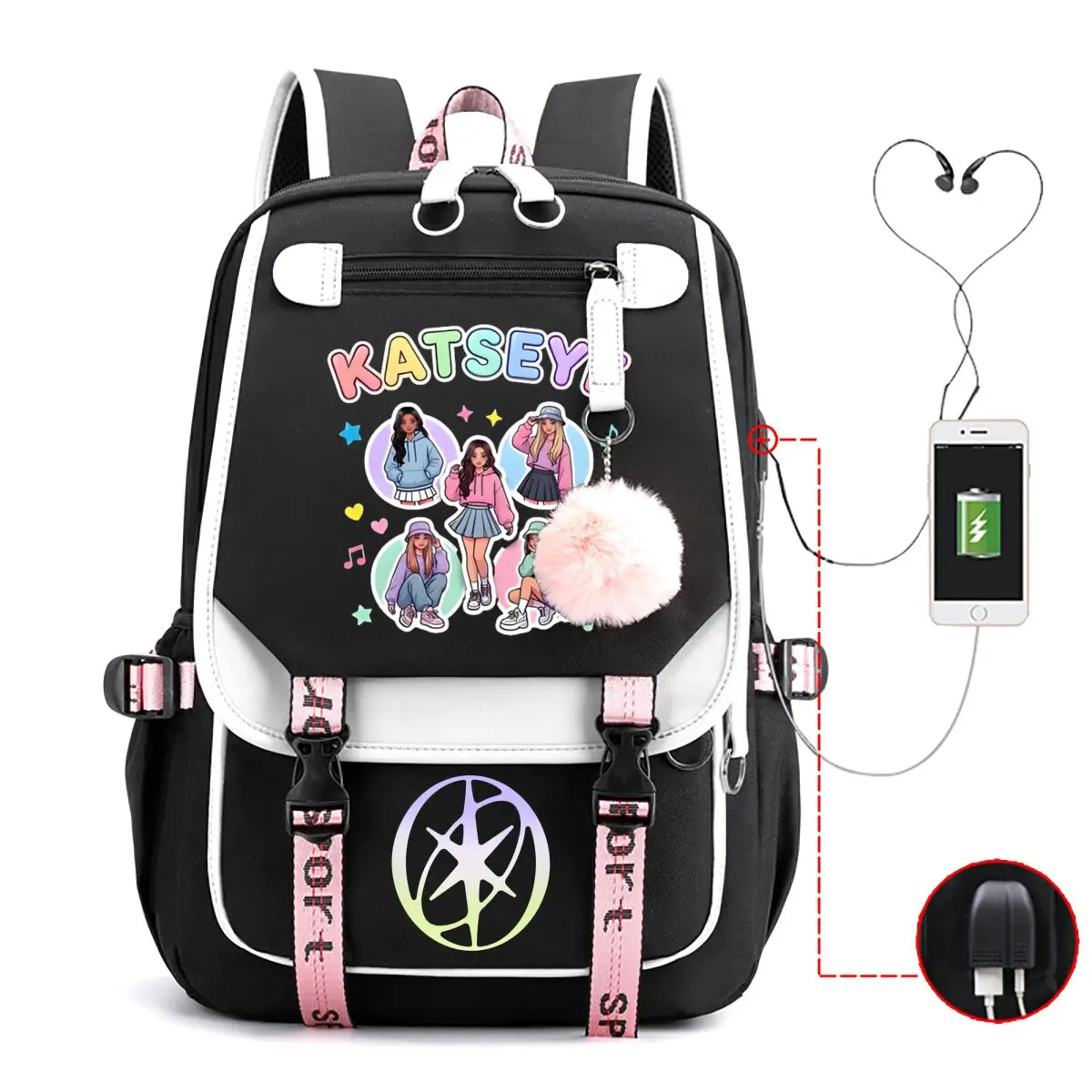 Back To School Katseye Graphic Rucksack USB Charging Port Stylish Patchwork Backpack Mochilas Teen College Girl Daily School Bag