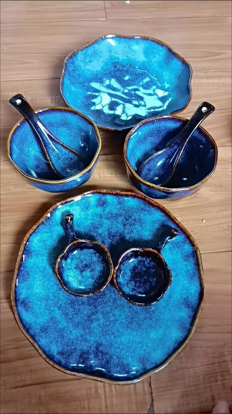 Nordic Blue Vintage Tableware Set Kiln Glazed Ceramic Rice Salad Round Dish Dinner Plate Bowl Dinnerware Set microwave safe