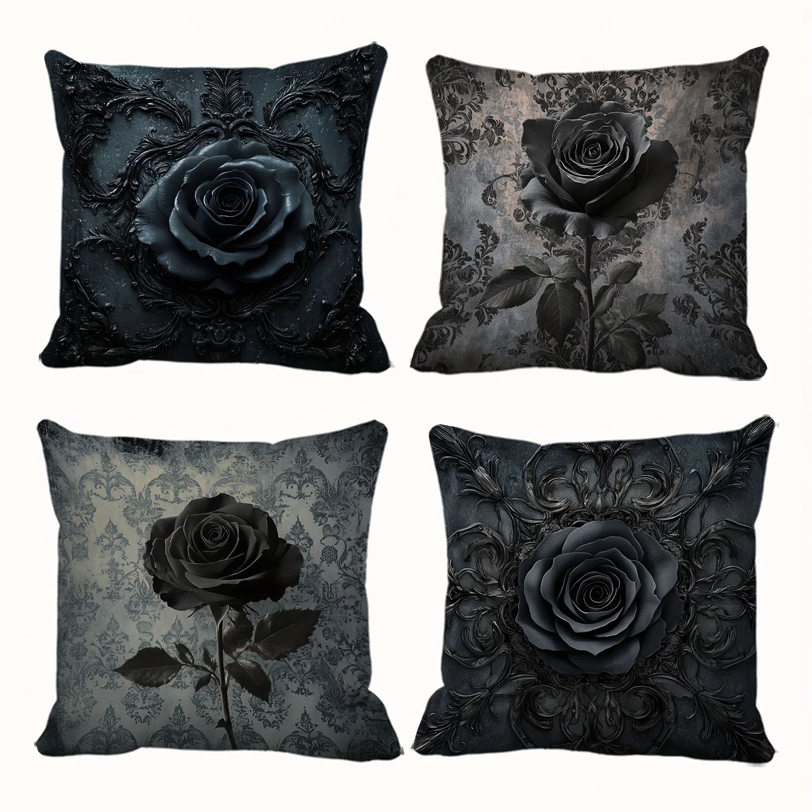 4pcs Gothic Dark Night Rose Luxury Pillow Covers Gothic Halloween Decor with Intricate Black Rose Damask Patterns, 18x18 In