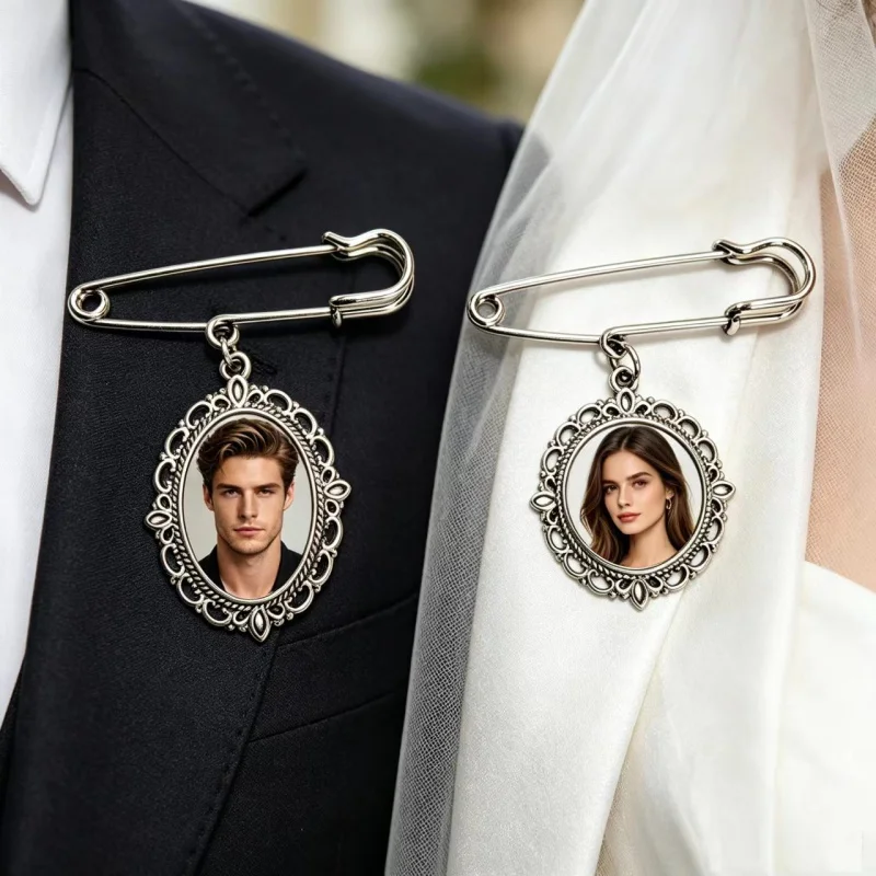 Personalized Custom Photo Brooch, Vintage Frame Safety Pin, Memorial Picture Lapel Pin, Wedding Bouquet Charm, Clothes Bag Decor
