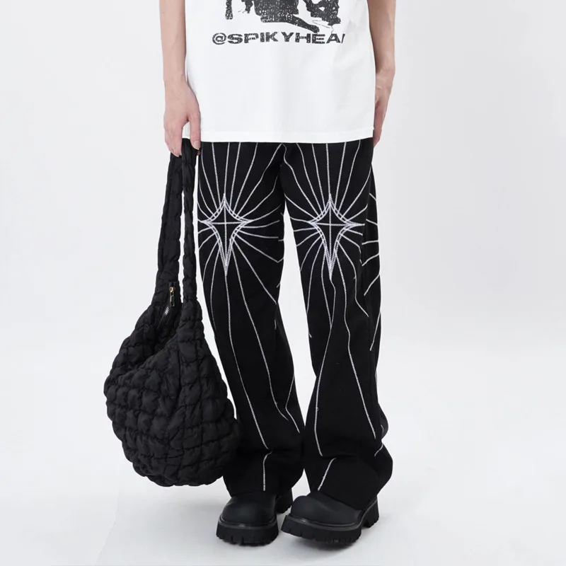 HKSH Spring Autumn Men Tide American High Street Spider Web Embroidered Jeans Hip Hop Trendy Straight  Vibe Denim Pants HK17268