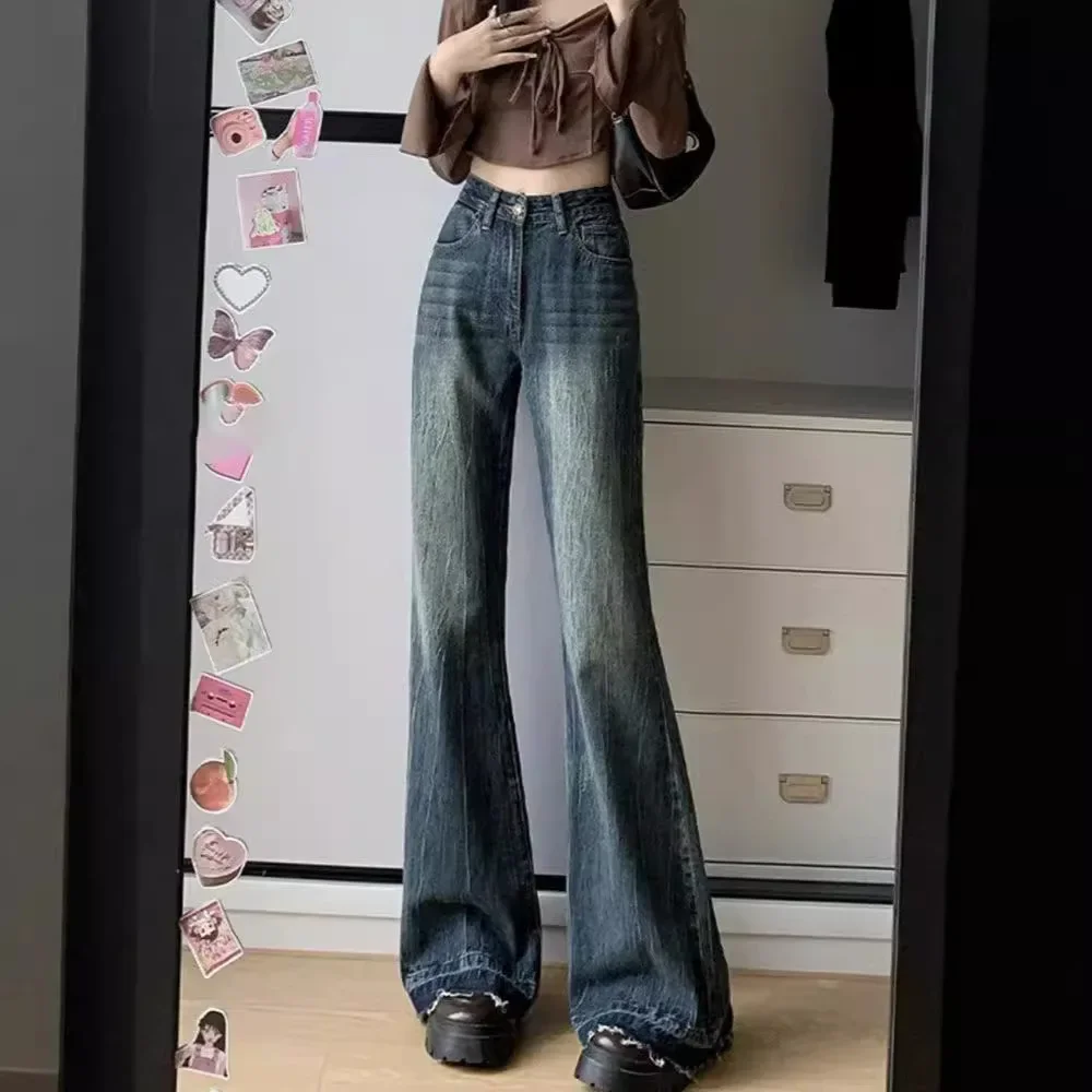 American Style High-Waisted Slimming Jeans Women's Spring Autumn 2024 New Vintage Horsehoe Pants Micro-Flared Trousers