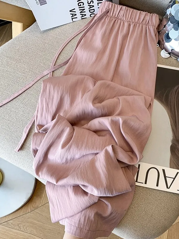 

Ice Silk Wide Leg Pants Women Summer Thin Loose Drapey Straight Casual Sunscreen Walking Trousers High Waist Straight Cut Pants