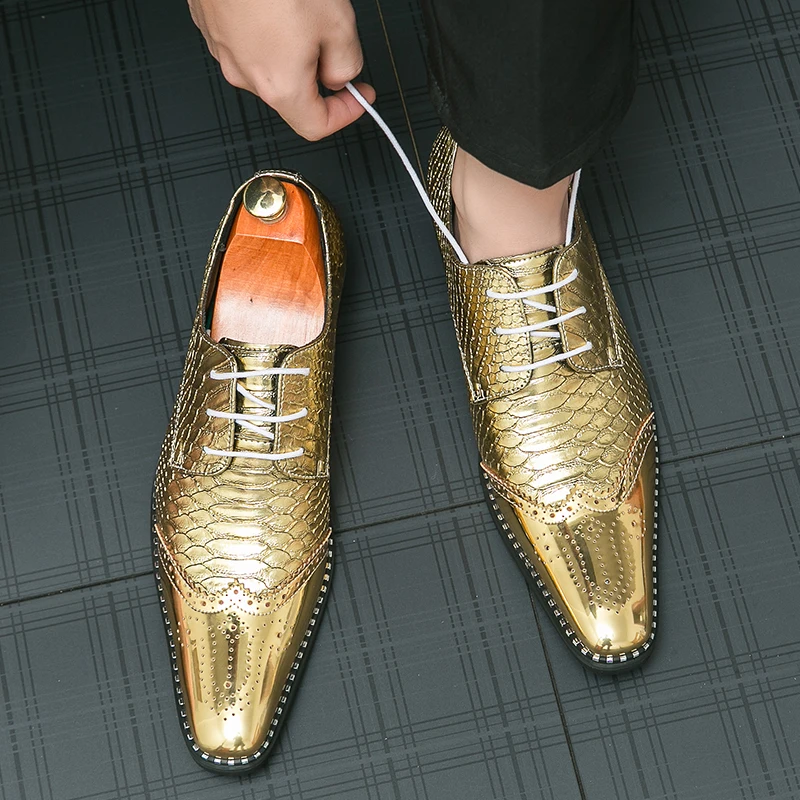 Bright Gold Leather Shoes for Men Oversized Business Dress, Banquet Pointed Leather Shoes