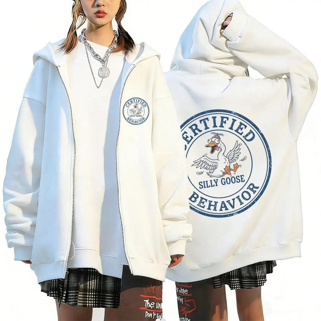 Certified Silly Goose Behavior Funny Meme Zipper Hoodie Men Women Casual Vintage Zip Up Jacket Male Oversized Zip Up Sweatshirt