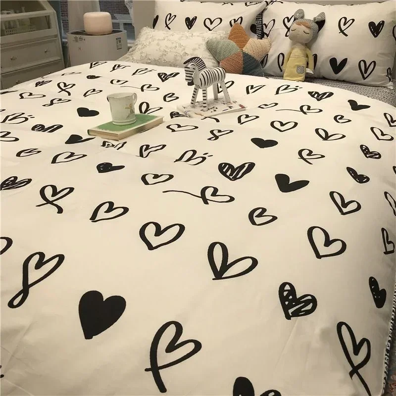 European Ins Loving Heart Home Bedding Set Simple Soft Duvet Cover Set with Bed Flat Sheet Quilt Cover Pillowcases Bed Linen