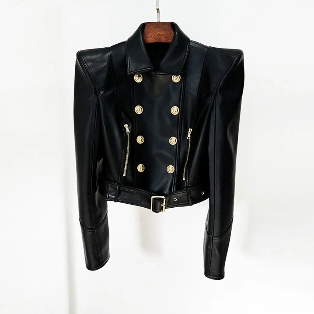 Spot Women's Fashion Star Embroidered Short Motorcycle Leather Jacket Double-Breasted Stylish Shrug for Early Autumn