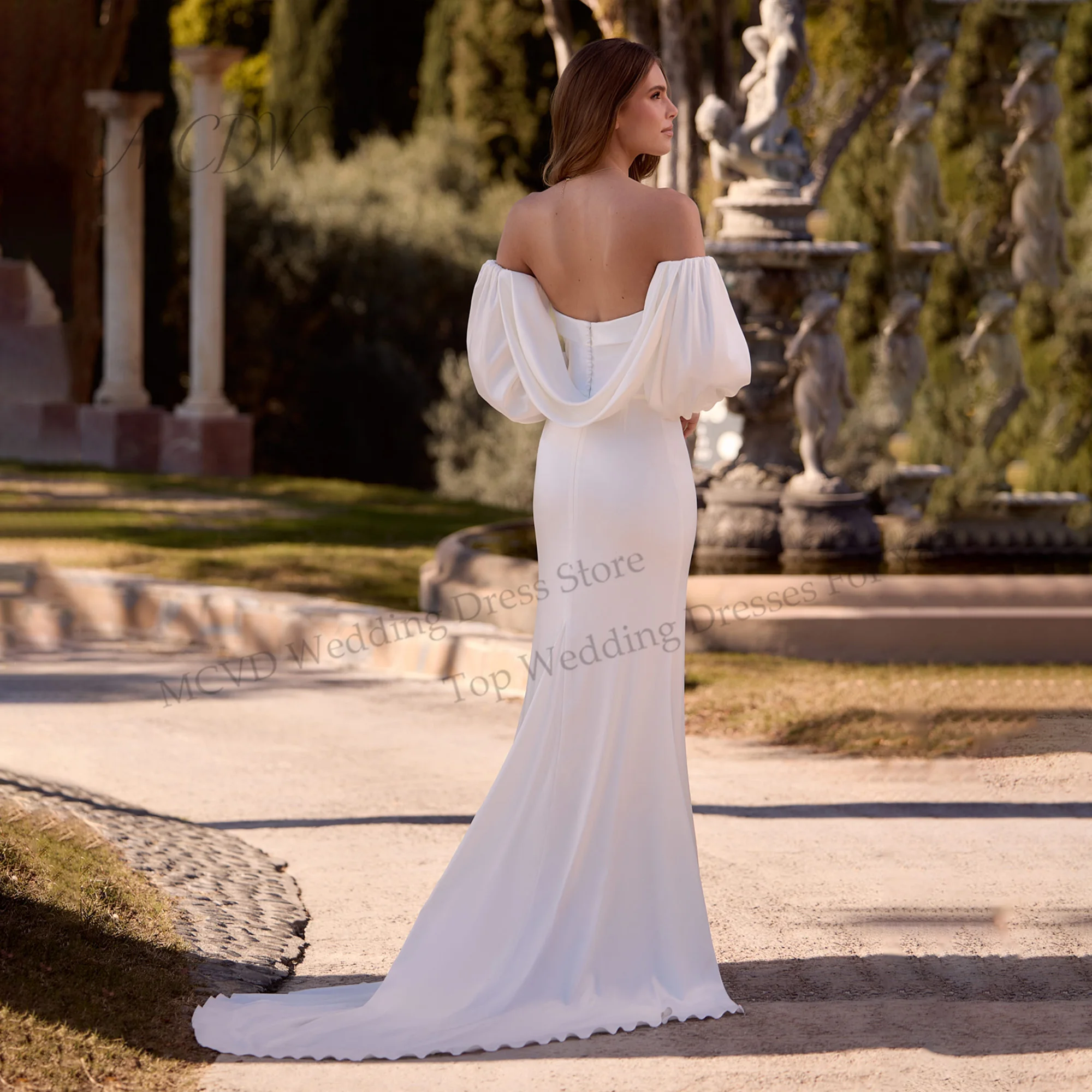 Strapless Ivory Wedding Dresses Detachable Puff Sleeve Backless Satin Vestido De Novia Mermaid Elegant Bride Gowns Customized