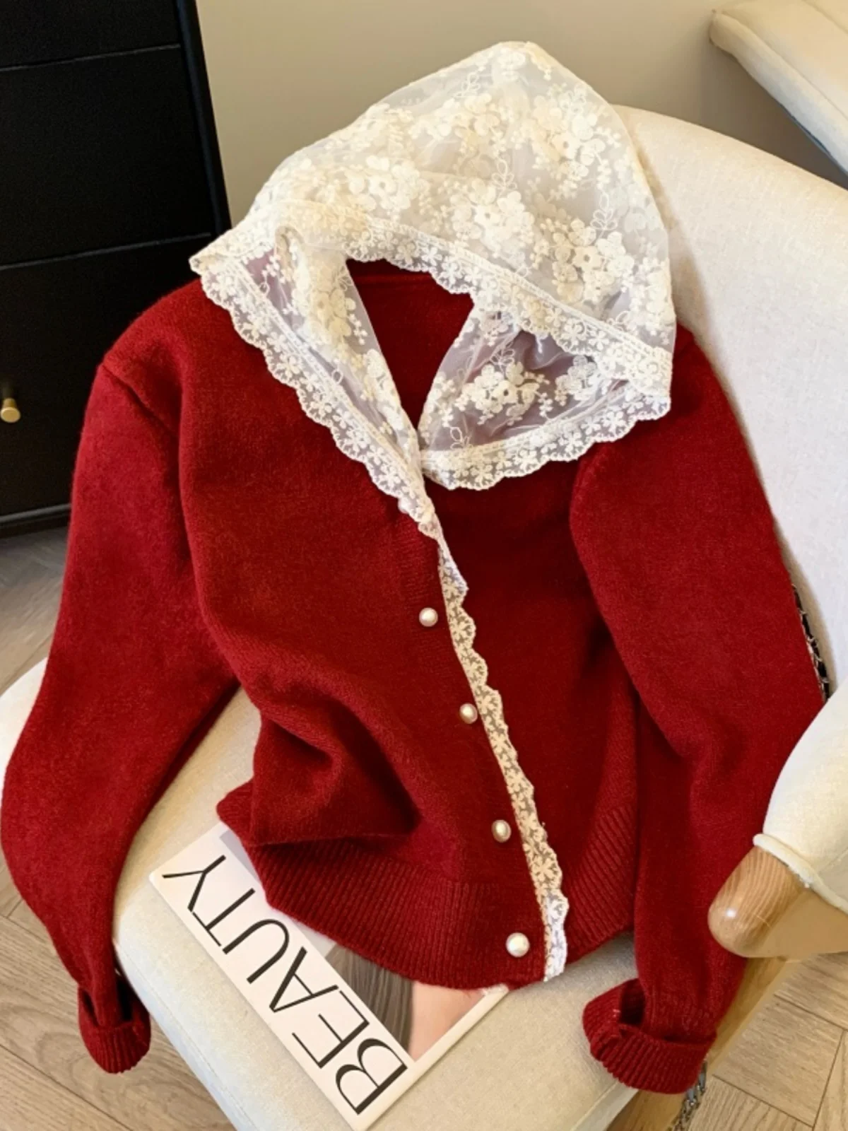 Niebieski koronkowy kardigan z kapturem dla kobiet Wiosna Jesień Wysoki luksusowy delikatny sweter z pojedynczymi piersiami Top