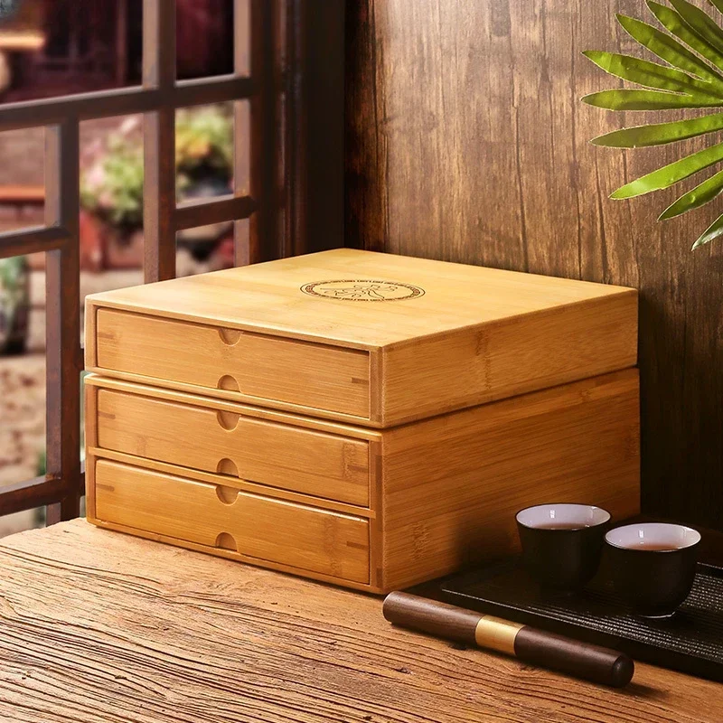 New Bamboo Box Tea Cake Storage Box Tea Organizer TeaCeremony Accessories TeaTray Drawer Organizer Storage Bin Bamboo Cabinet