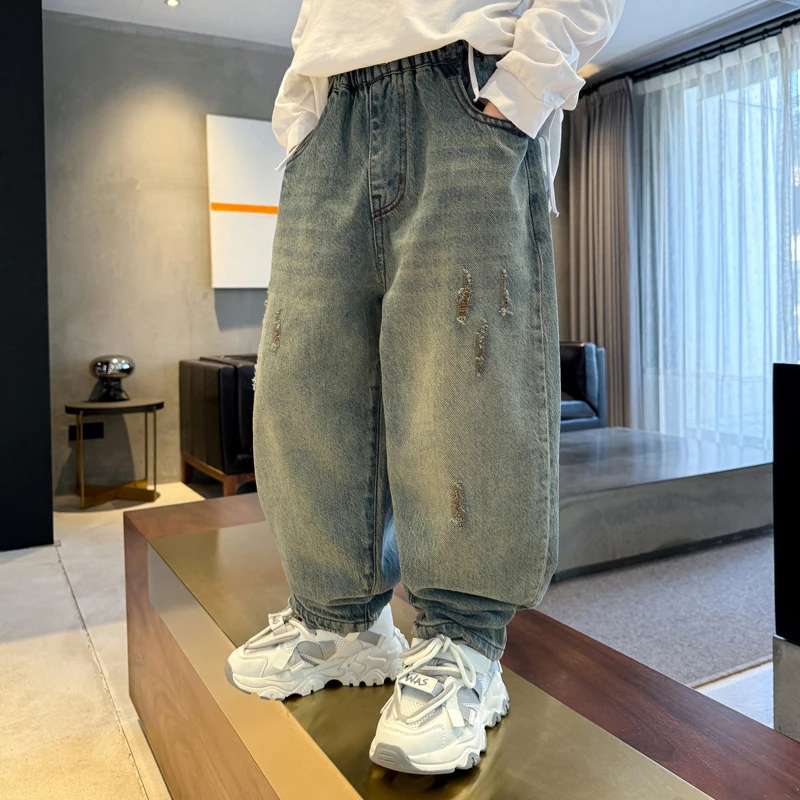 

School Kids Casual Trousers Age 5 To 14 Years Classic Design Children Fashion Baggy Jeans for Teens Boy Casual Blue Denim Pants