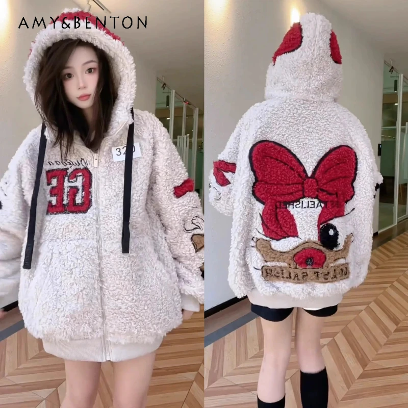 

Popular Fashion Brand Coat 2025 Autumn Winter Loose Heavy Bow Cartoon Head Embroidery Lamb Wool Hooded Cardigan Jacket Female