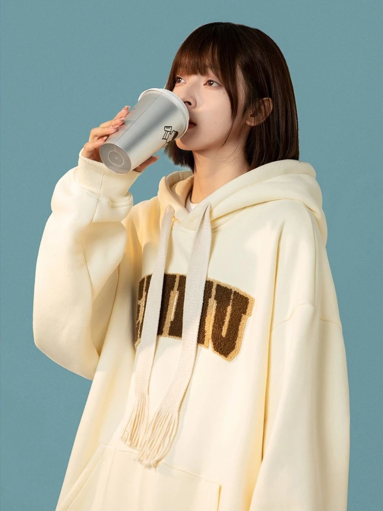 Trendy Slouchy Fit Fleece Hooded Cardigan 2026 Fall Winter Niche Design Sense Loose Casual Sweatshirt Jacket Tops