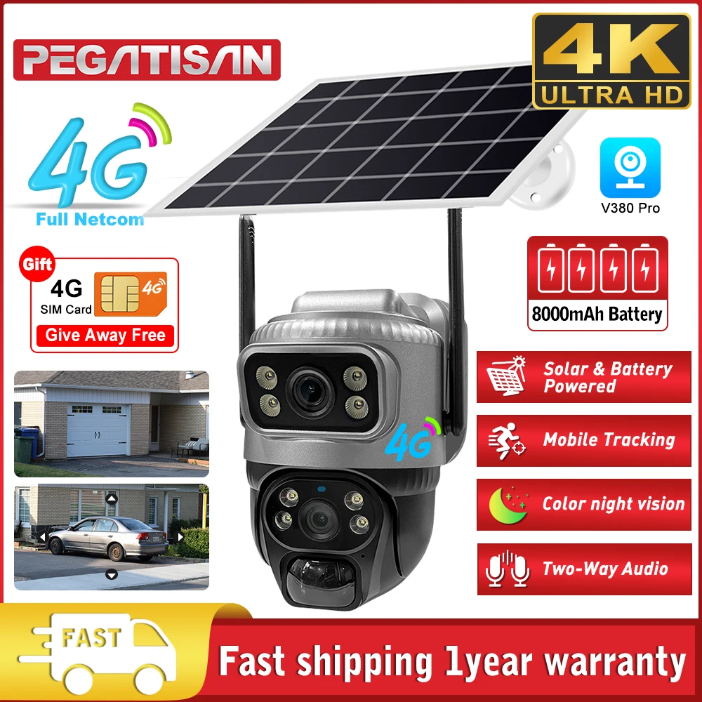 

V380 Dual Lens 4G Camera Solar PIR Human Detection Night Vision Waterproof Security Video IP Camara 8MP 4K Battery CCTV Monitor