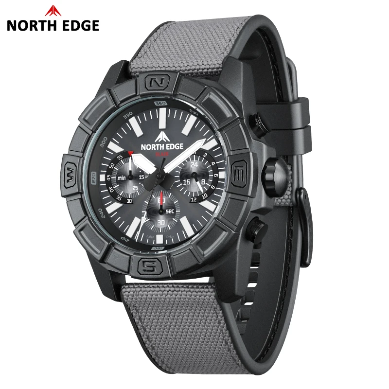 NORTH EDGE BLAZE Herren-Quarzuhr, solarbetrieben, Armee- und Militär-Stil, Uhr, Stoppuhr, 50 m wasserdicht, leuchtende Pilotenuhr, reloj