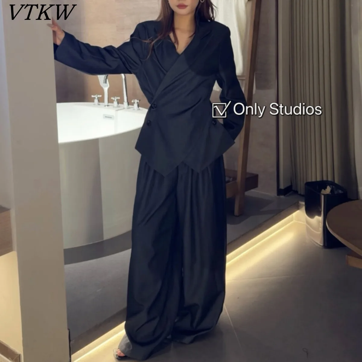

VTKW 2026 New Women Two Piece Suit Wrap Blazer Asymmetrical Hem Double Breasted High Waist Wide Leg Trousers Office Outfit