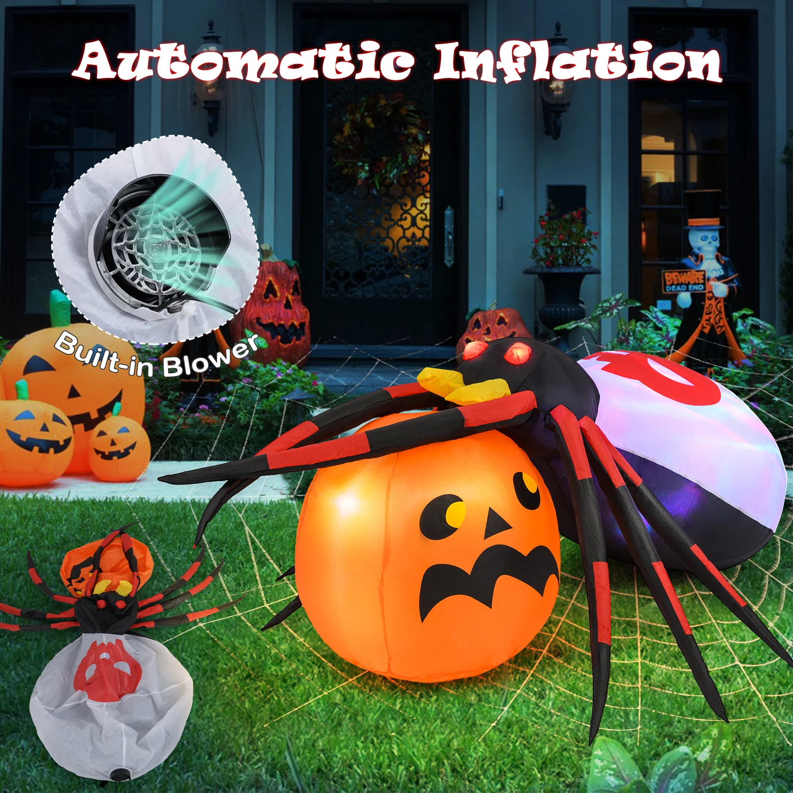 5 x 4.6 ft Inflatable Spider w/ Pumpkin LED Lighted Halloween Decoration w/ Colorful Rotating Light