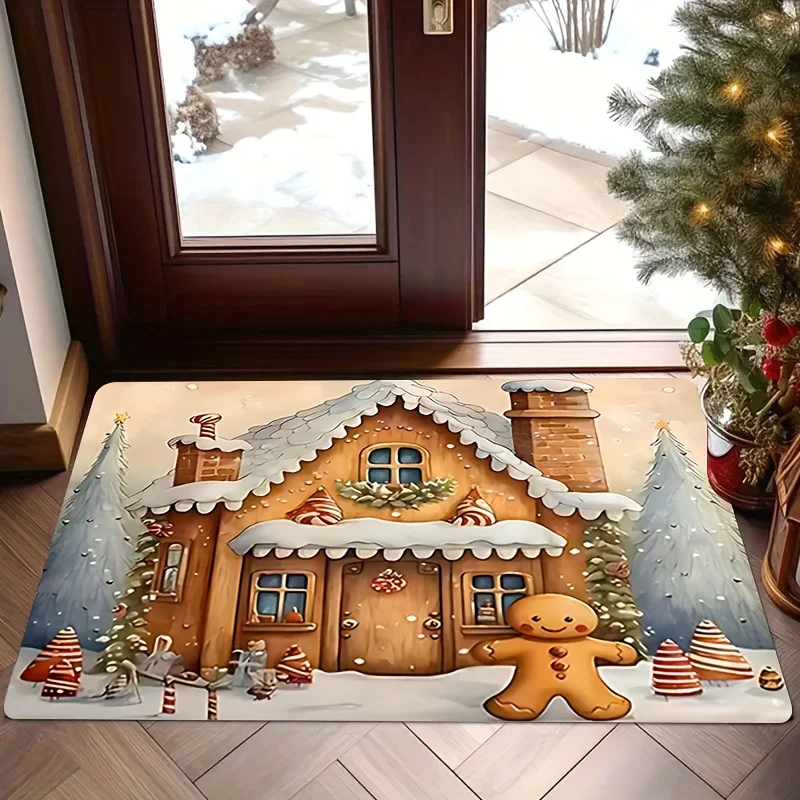 1pc Gingerbread House & for Man Door Mat - Machine Washable Non-Slip Entry Mat with Gingerbread House, Snowy Roof, Gingerbread