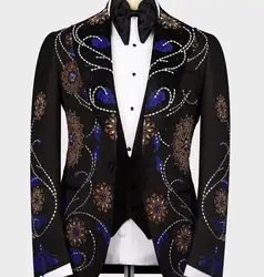 Luxury Beaded Crystals Men Suits Peaked Lapel Groom Wedding Tuxedos 3 Pieces Sets Male Party Blazers Slim Fit Costume Homme