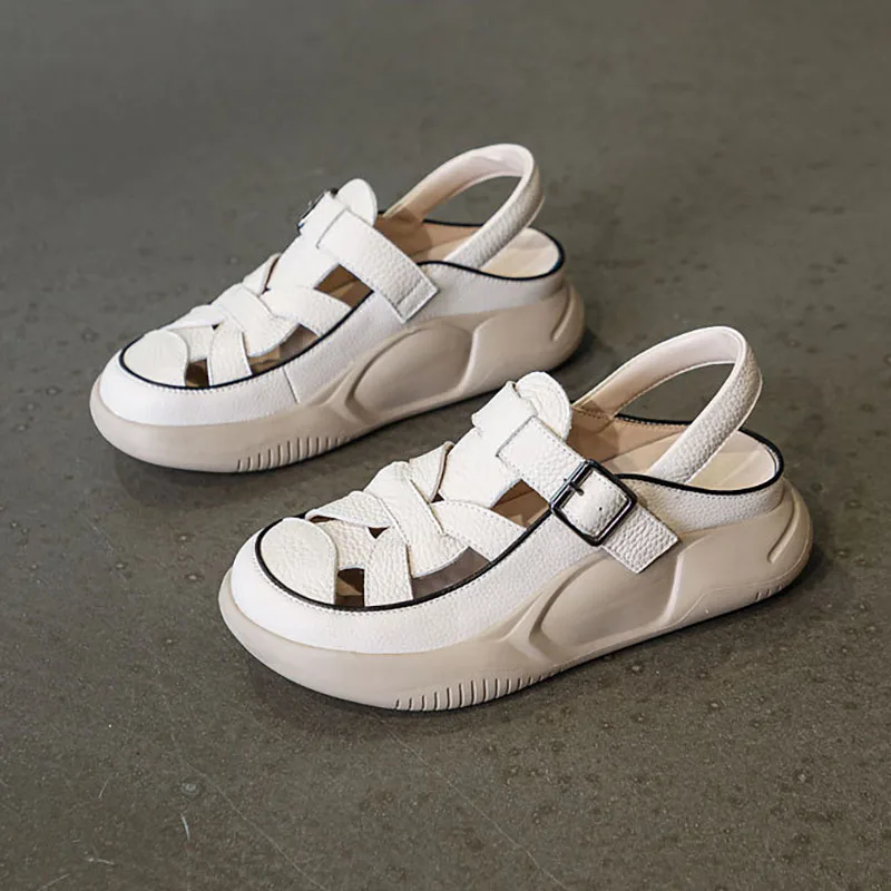 

XMWRLW 2025 Genuine Leather Women Summer Sandals Fashion Thick Sole Ladies Shoes Summer Sandals Rubber Sole Women Sandal Shoes