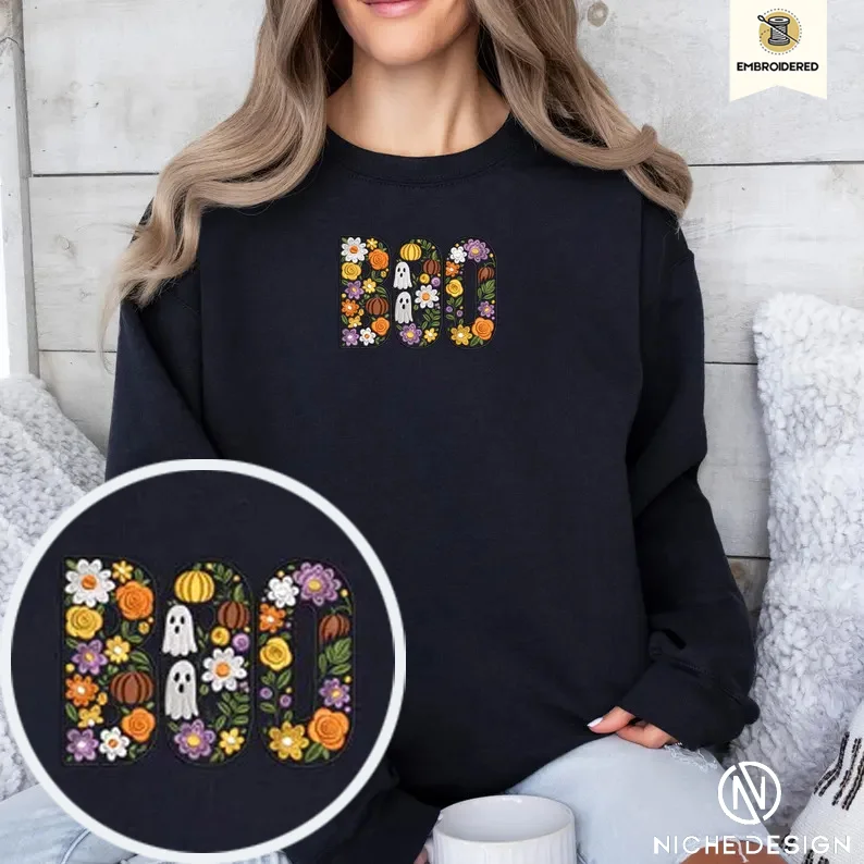 

Embroidered Halloween Sweatshirt Boo Floral Embroidered Crewneck, Cute Ghost & Pumpkin Fall Pullover, Spooky Autumn Gift for He