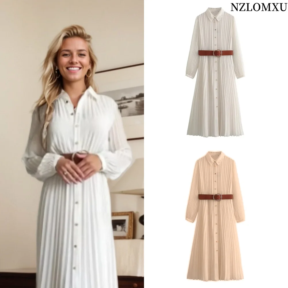

Pleated Shirt Dress Women Belt Chiffon Midi Dresses for Woman Long Sleeve Office Female Dress Summer 2024 Long Dress Woman