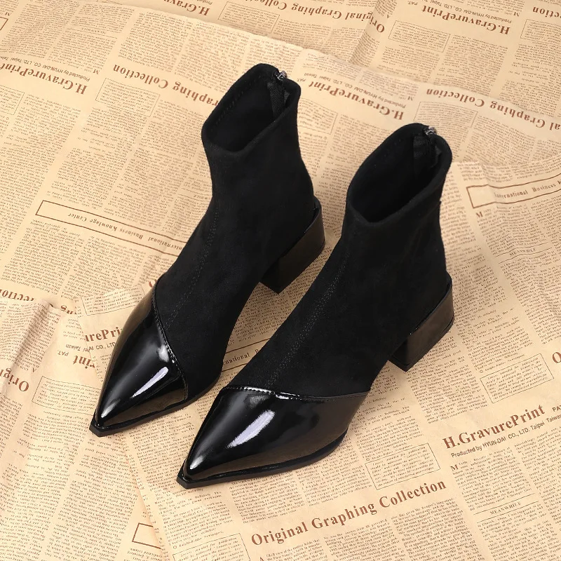 Winter Boots Women Chunky Mid Heels Suede Shoes Woman Pointed Toe  Trend Winter New Goth Walking Snow Chelsea
