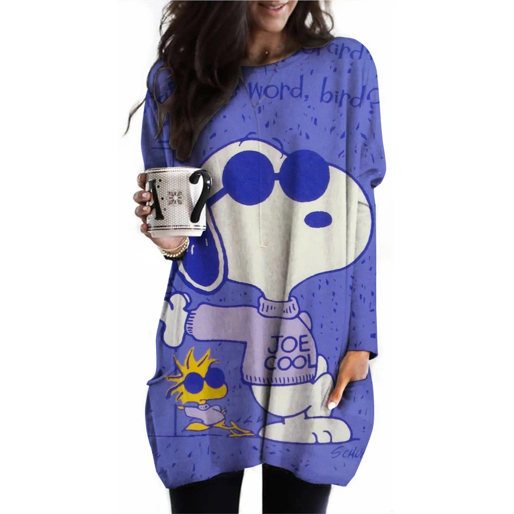 Snoopy printed women's T-shirt autumn long sleeved pocket T-shirt fashionable casual top daily loose round neck women's clothing